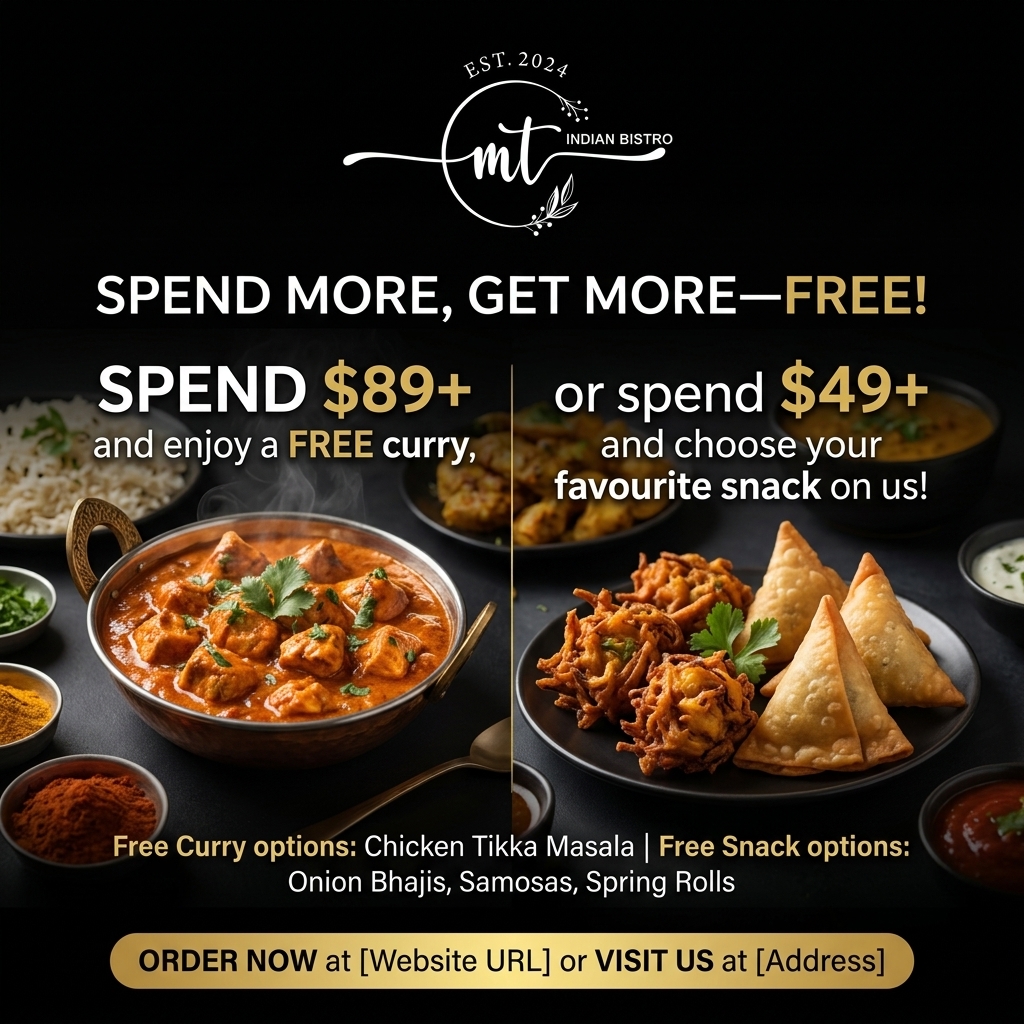 Masala Theory offer: a free curry on orders over $89 or a free snack on orders over $49