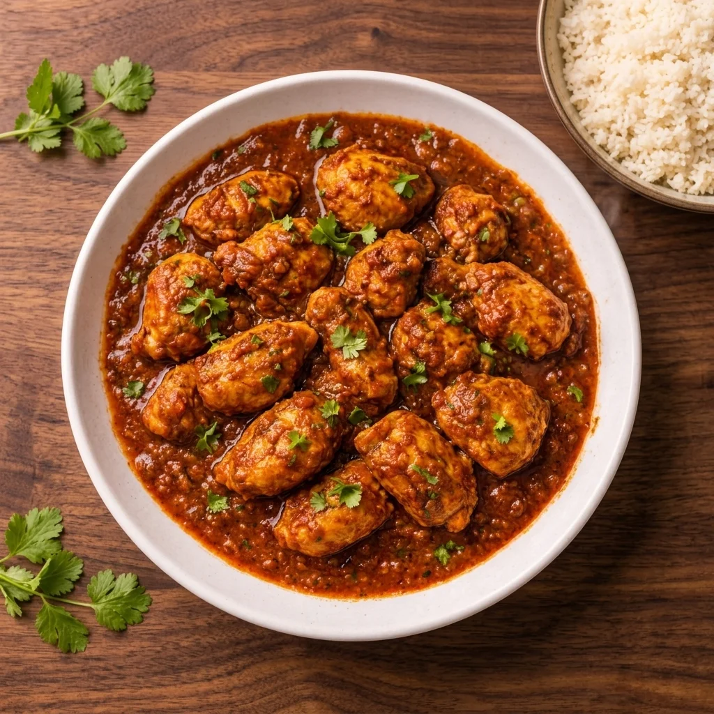 Kadhai Chicken in a spiced tomato and pepper gravy served with steamed rice