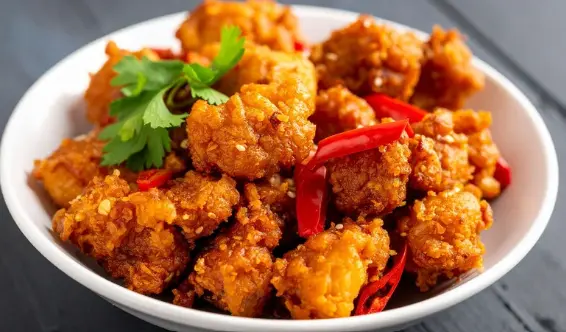Spicy Chicken Bites, crispy fried chicken tossed with Indian spices and red chillies